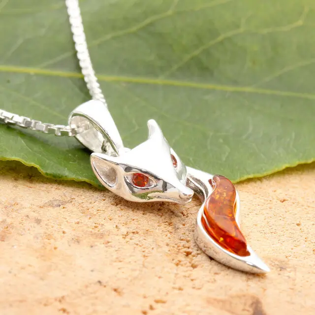 Baltic Amber 925 Sterling Silver Fox Pendant