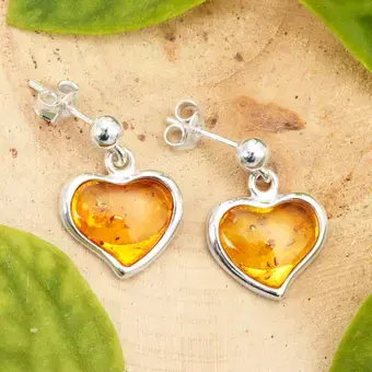 Lemon Baltic Amber Heart Drop Earrings 925 Sterling Silver