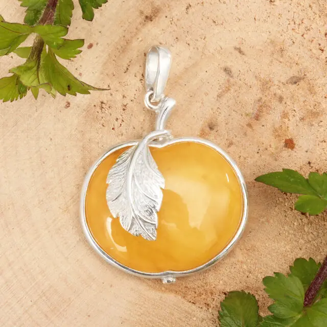 925 Sterling Silver Baltic Amber Apple Pendant