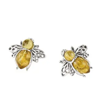 Lemon Baltic Amber Bee Stud Earrings 