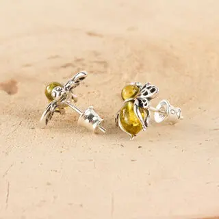 Lemon Baltic Amber Bee Studs 925 Sterling Silver 