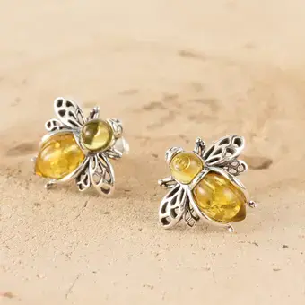 Lemon Baltic Amber Bee Studs 925 Sterling Silver