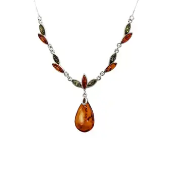Honey and Green Baltic Amber Marquise Drop Necklace 925 Sterling Silver