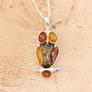 Multi Coloured Baltic Amber Owl Pendant