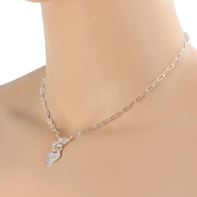 Ladies 925 Sterling Silver Paper Link Heart T-Bar Necklace