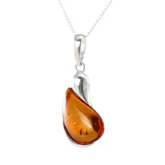 Honey Baltic Amber Droplet Pendant 925 Sterling Silver
