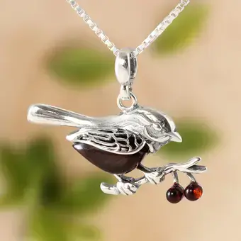 Cherry Baltic Amber Robin Pendant 925 Sterling Silver 