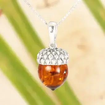 Small Baltic Amber Acorn Pendant 925 Sterling Silver 