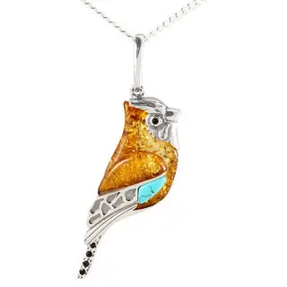 Jay Bird Pendant Necklace Sterling Silver and Baltic Amber