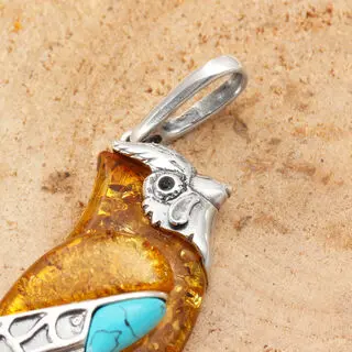 Sterling Silver 925 Jay Bird Pendant with Honey Baltic Amber