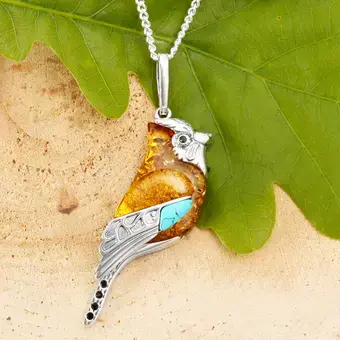 Large Baltic Amber Jay Pendant With Turquoise 