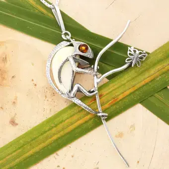 Large Chameleon Pendant Milky Baltic Amber 925 Sterling Silver