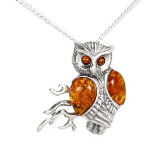 Baltic Amber Owl on Branch Pendant 925 Sterling Silver
