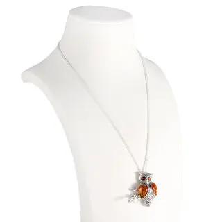 Baltic Amber Owl on Branch Pendant Necklace 925 Sterling Silver