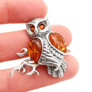 Honey Baltic Amber Owl on Tree Branch Pendant 925 Sterling Silver