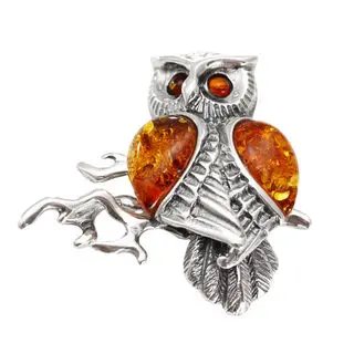 Owl On Branch Sterling Silver Pendant Honey Baltic Amber