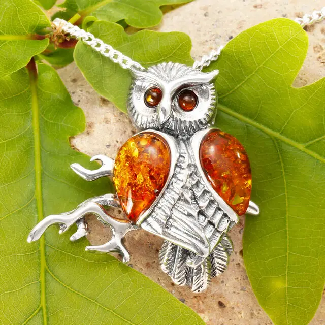 Owl Pendant Necklace Sterling Silver 925 with Honey Baltic Amber
