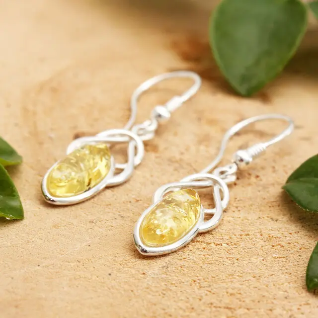 925 Sterling Silver Lemon Baltic Amber Celtic Earrings