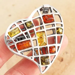 Multi Coloured 925 Sterling Silver Large Baltic Amber Heart