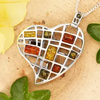 Large Multi Coloured Baltic Amber Heart Pendant 925 Sterling Silver