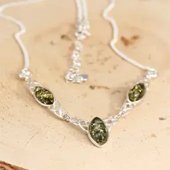 Green Baltic Amber Celtic 925 Sterling Silver Necklace