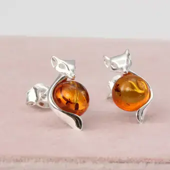 Fox Cub Baltic Amber 925 Sterling Silver Stud Earrings