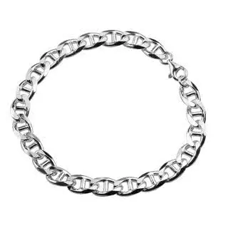 Designed on the chain that holds large anchors on ships, an oval link with a middle bar