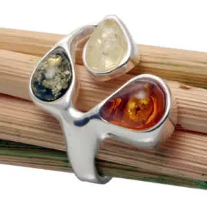 Triple Pearcut  Cognac, Lemon and Green Amber Silver Ring
