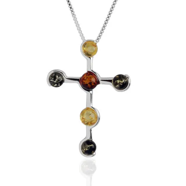 Large Multi Colour Amber Cross - Naturally coloured lemon, cognac and dark green Baltic amber