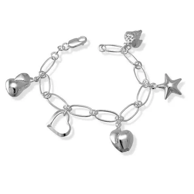 Silver Fruit Charm Bracelet - Charms are a Star, Strawberry, Heart, Pear and Apple, 7 inches - 18cm
