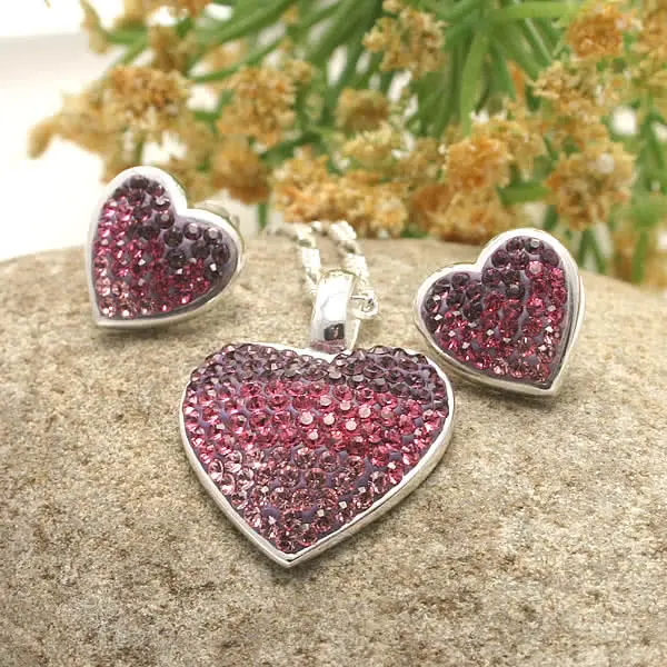 Crystal Heart Cascade Collection - Pink Pendant and Earrings Set