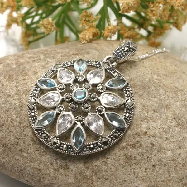 Blue and White Marcasite Round Pendant