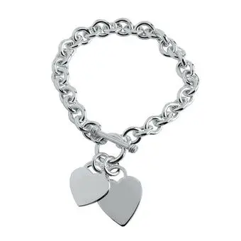 Heavy Double Silver Heart T-Bar Bracelet