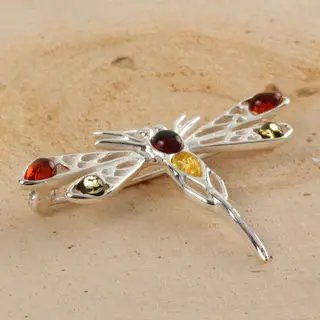 Multicoloured Large Baltic Amber Dragonfly Brooch
