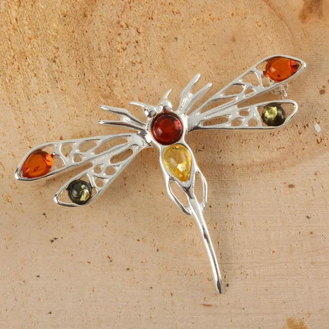 Baltic Amber Sterling Silver Dragonfly Brooch
