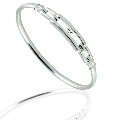 Cubic Zirconia Silver Solitaire Link Bangle - Sterling Silver Hallmarked