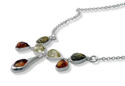 Multi Colour Amber Droplet Necklace - Set with vibrant multi colour Baltic Amber