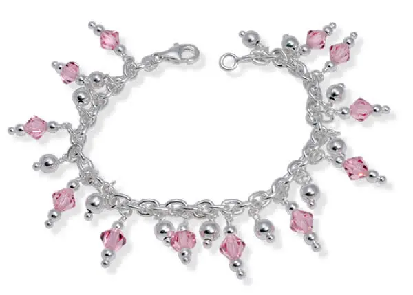 Pink Crystal and Silver Bead Charm Bracelet