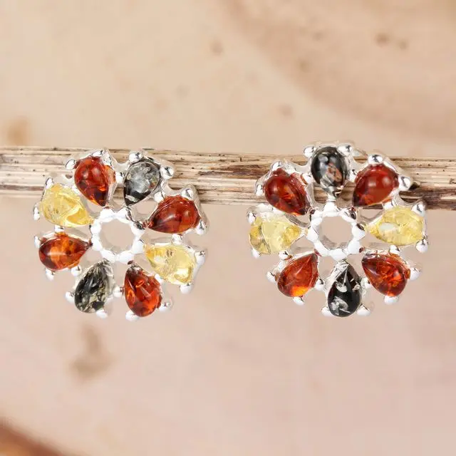 Sterling Silver Amber Flower Stud Earrings