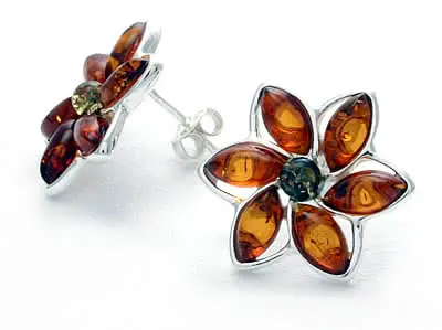 Green and Cognac Amber Flower Earrings 