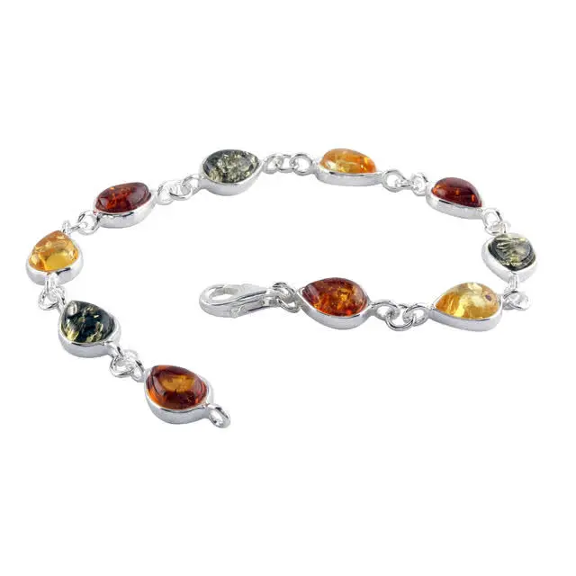 Multi Colour Silver Amber Bracelet - Available in 7.5 inch and 8.5 inch lengths