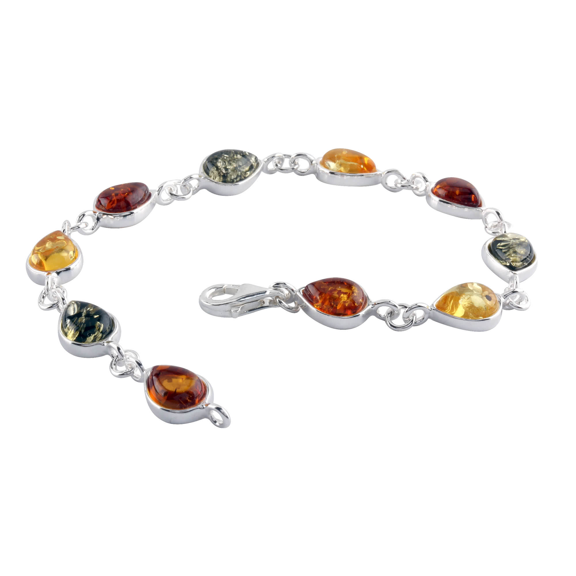 Sterling Silver Multicolor Amber Tear Drop Bracelet 7.5 Inches 