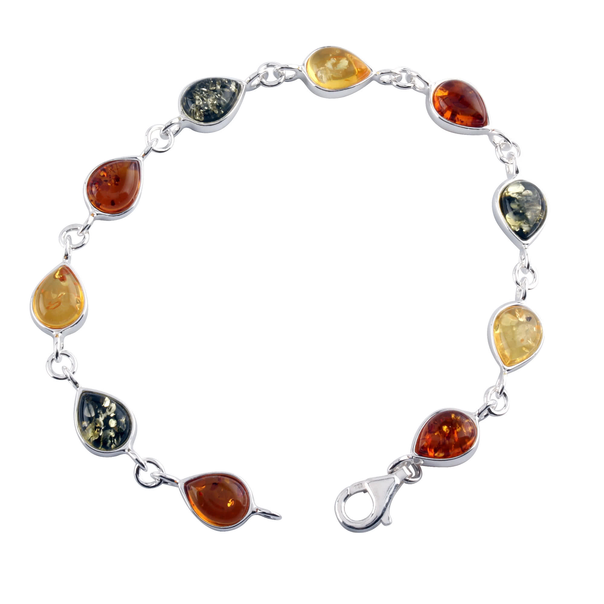Multi Coloured Baltic Amber Sterling Silver Bracelet