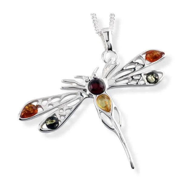 Large Amber Set Multicoloured Dragonfly Pendant