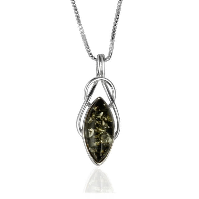 New In: Green Baltic Amber Marquise Sterling Silver Pendant