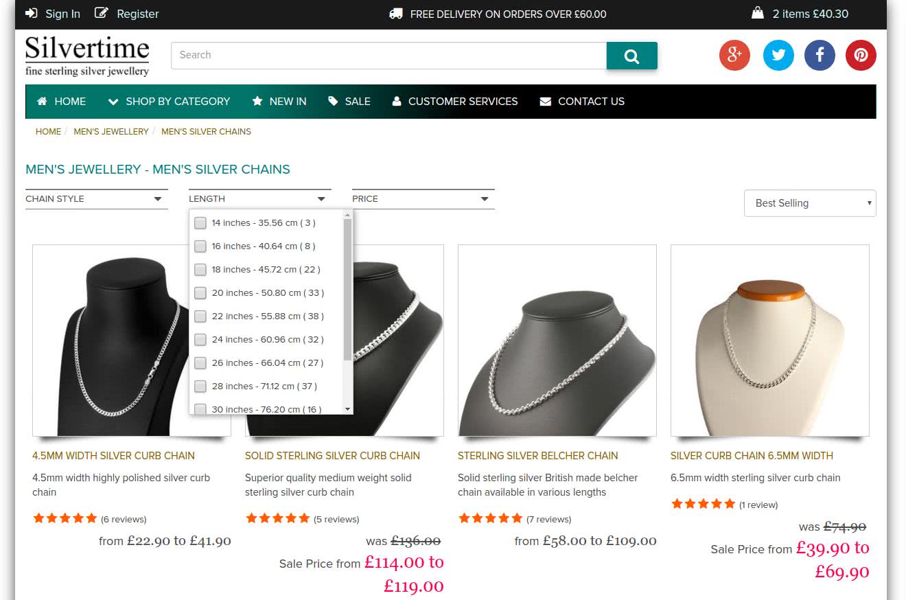 Silver Chain Length Filtering Options