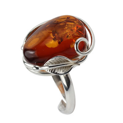 Adjustable Baltic Amber Leaf Ring