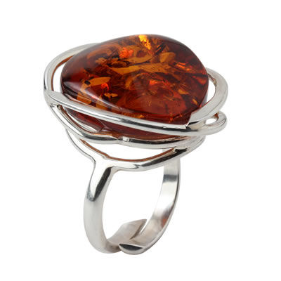 Large Cognac Baltic Amber Adjustable Silver Ring
