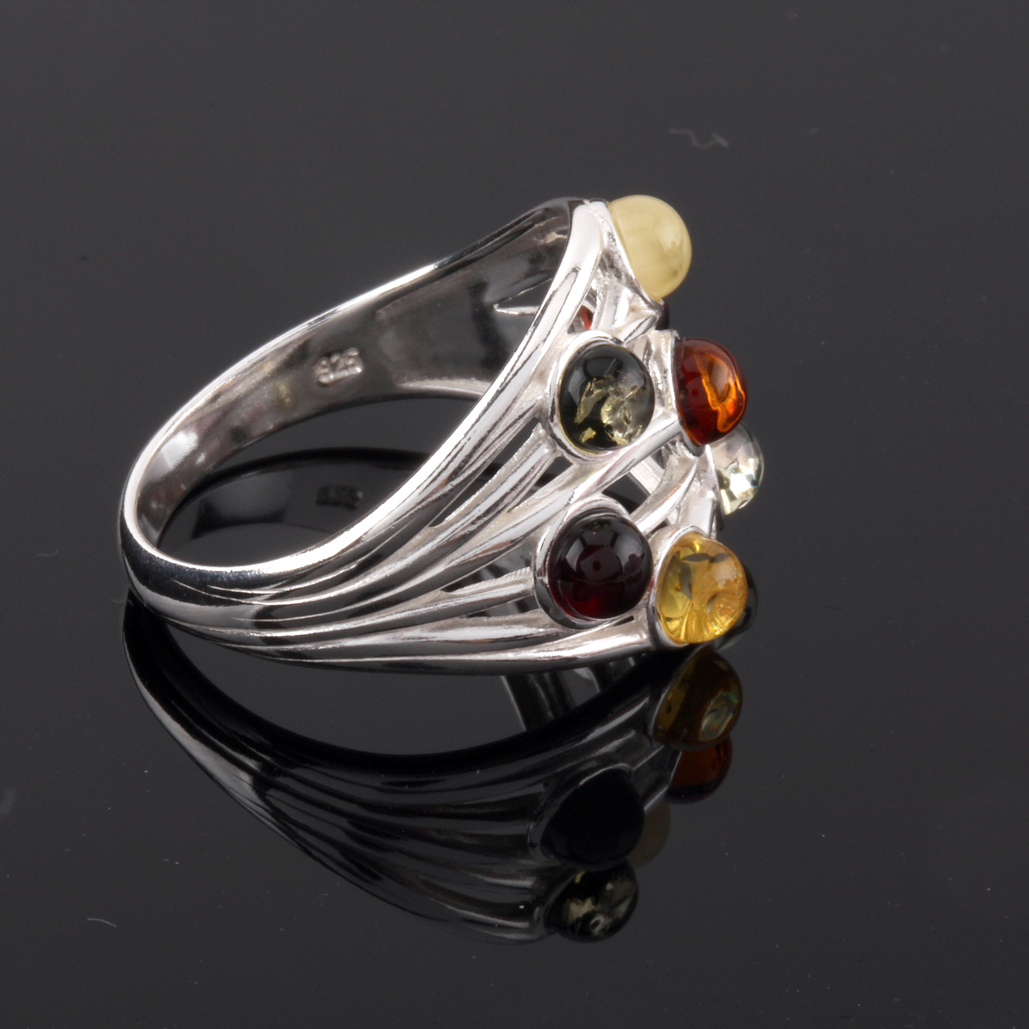 Multi Coloured Baltic Amber Silver Ring