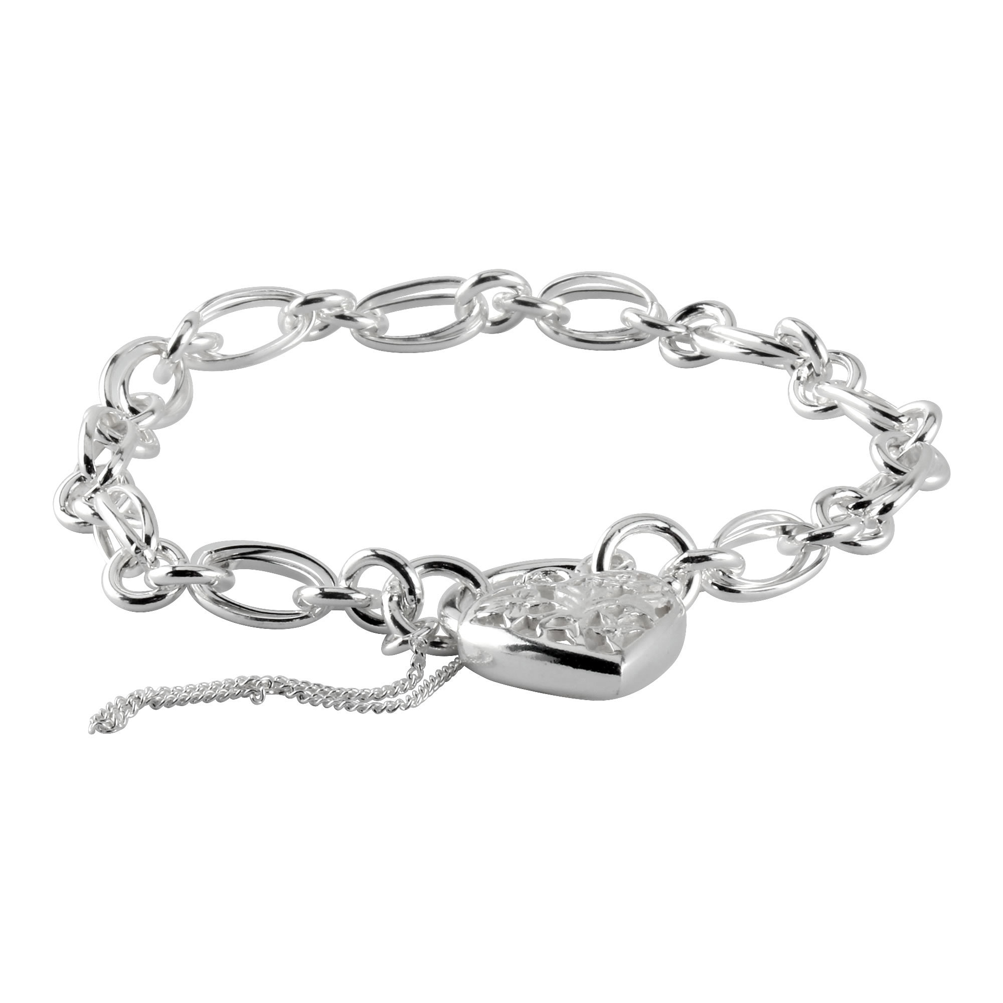 Sterling Silver Double Link Charm Bracelet with Padlock and Safety Chain